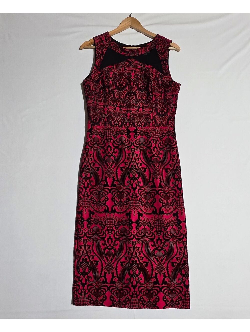 Beige by ECI Whimsy Goth Red Black Flocked Velvet Damask Midi Dress Size 10
